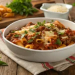 A delicious bowl of Beefaroni garnished with herbs and cheese.