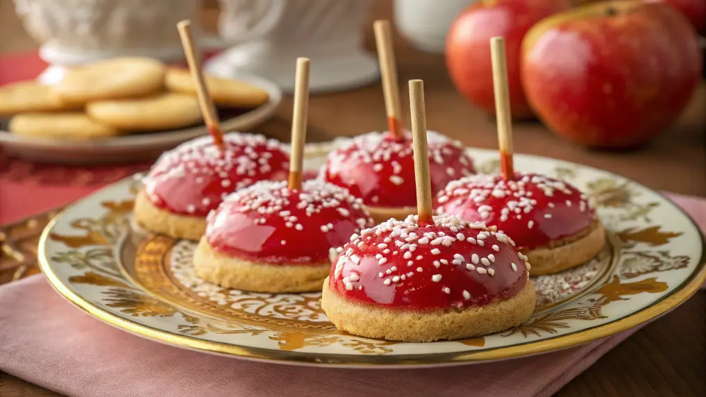 Freshly baked candy apple cookies on a decorative plate.