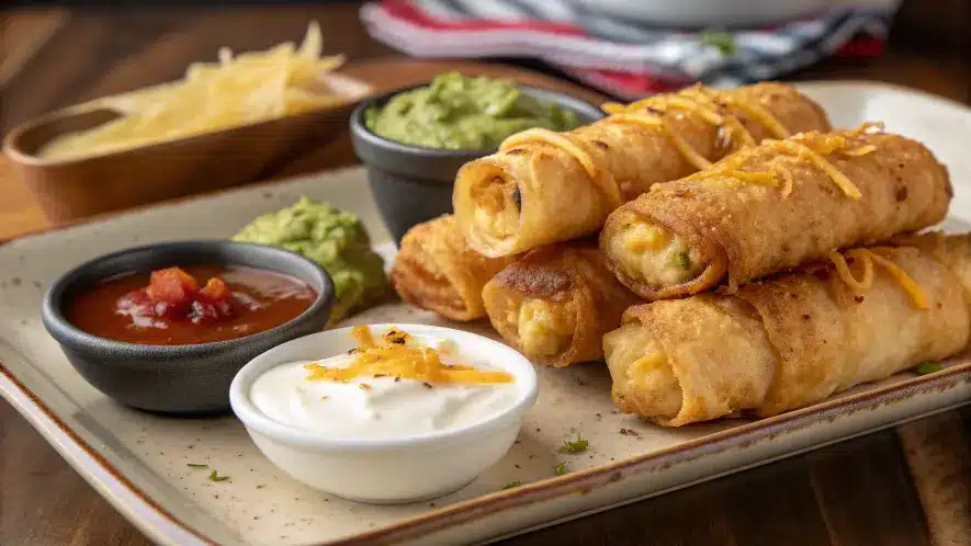 A platter of golden-brown tequeños served with various dipping sauces.
