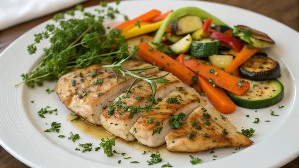 A plated chicken paillard with roasted vegetables and herbs.