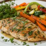 A plated chicken paillard with roasted vegetables and herbs.