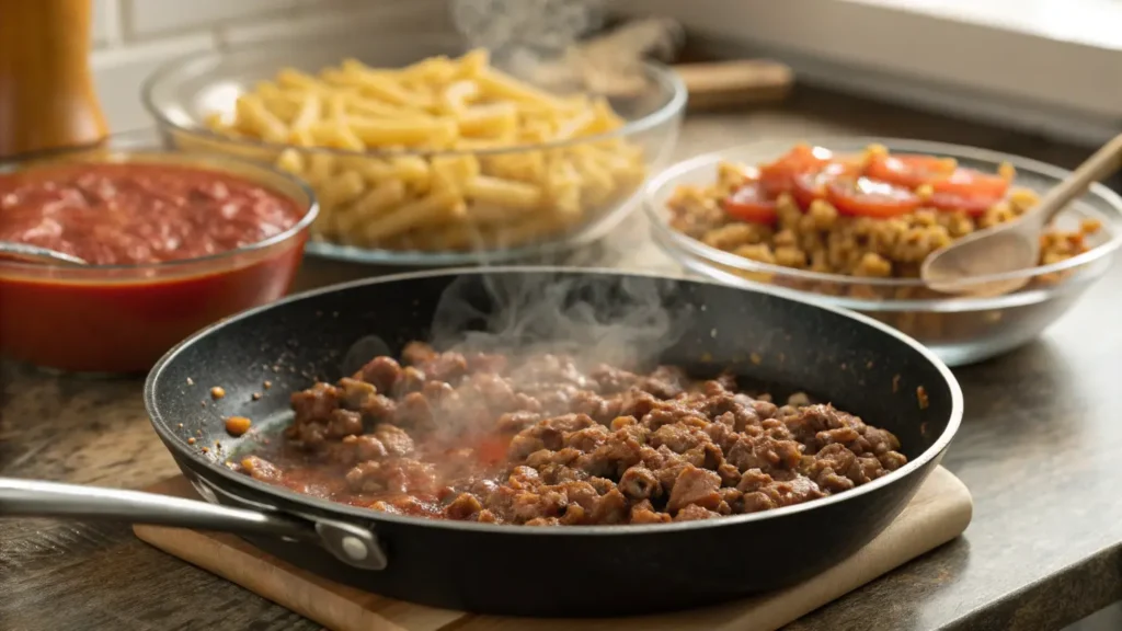 A skillet with browned ground beef, surrounded by ingredients for Beefaroni.