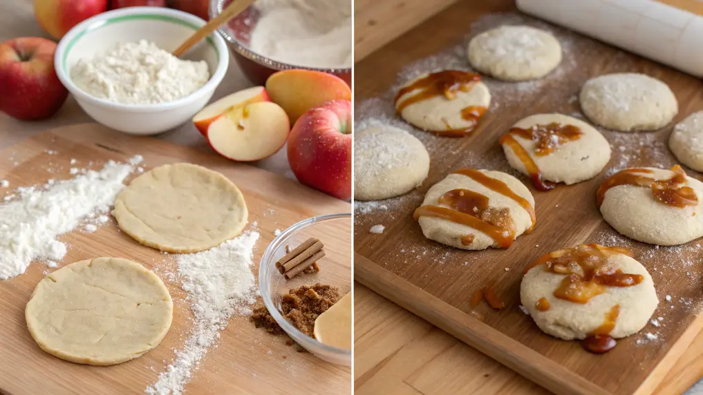 Step-by-step process of making candy apple cookies with ingredients displayed.