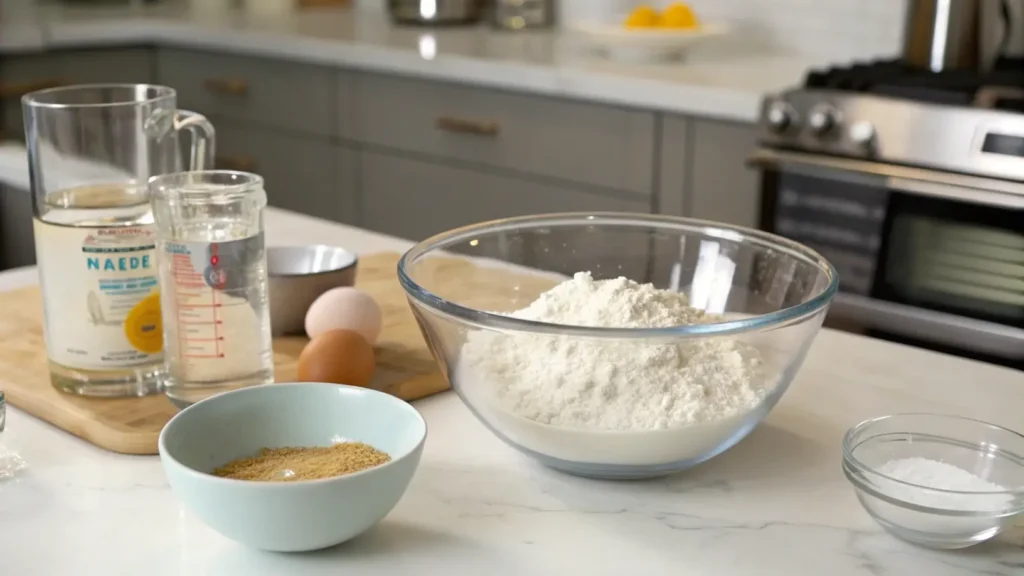 A step-by-step process of making harina pan, showcasing ingredients and mixing techniques.