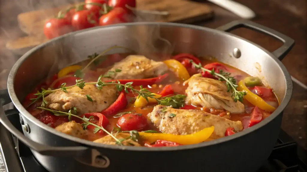 A pot of pollo guisado simmering with colorful vegetables and herbs.