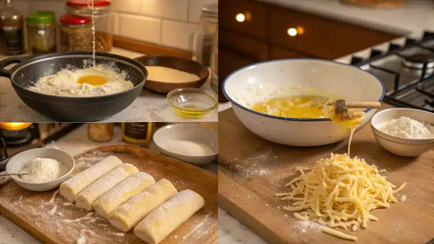Step-by-step process of making tequeños with ingredients and cooking steps.