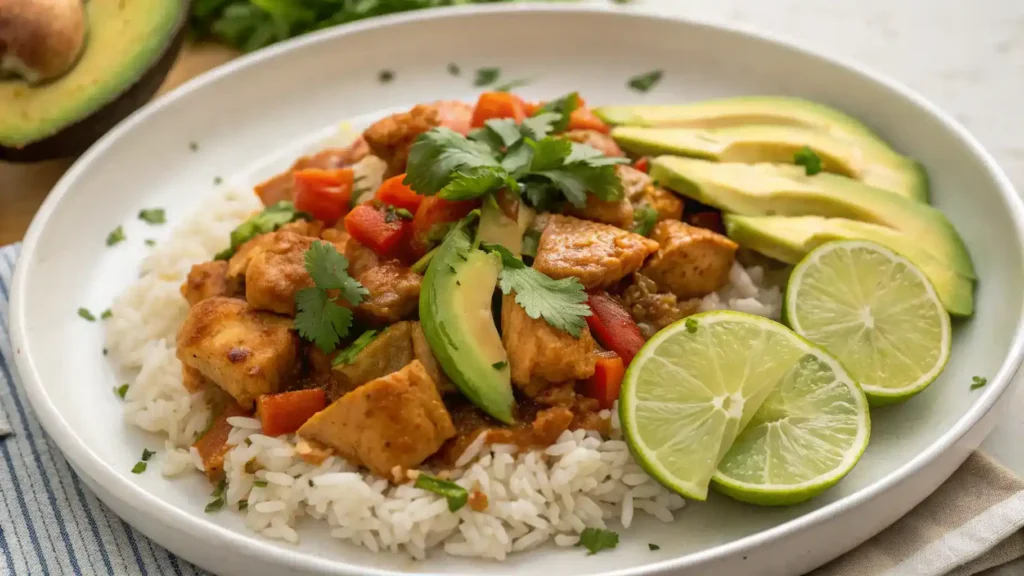 Plated pollo guisado with rice, avocado salad, and lime wedges.