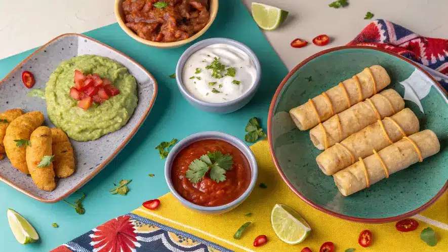 Tequeños served with various dips and fresh vegetables.