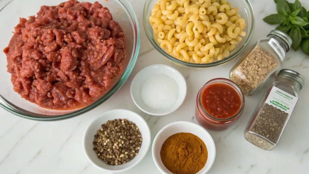 Ingredients for Beefaroni displayed on a kitchen counter.