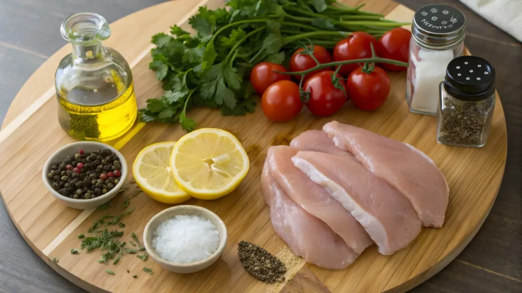 Ingredients for chicken paillard displayed on a wooden cutting board.