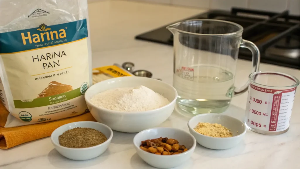 Ingredients for harina pan recipe displayed on a kitchen counter.