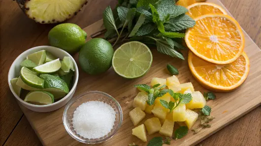 Ingredients for a Mai Tai mocktail including fresh lime juice, orange juice, almond syrup, and more.