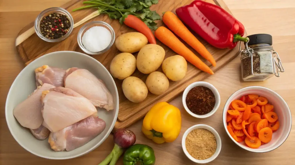 Ingredients for pollo guisado including chicken, bell peppers, onions, and spices.