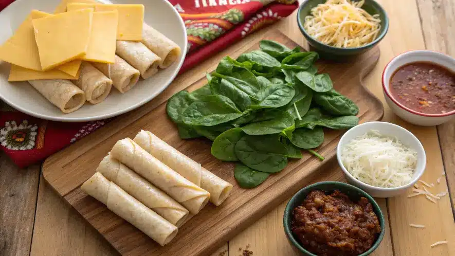 Ingredients for making tequeños displayed on a wooden table.