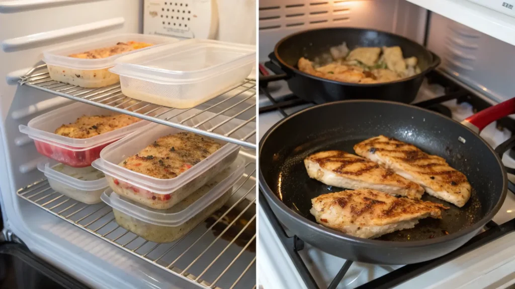 Storing and reheating chicken paillard.