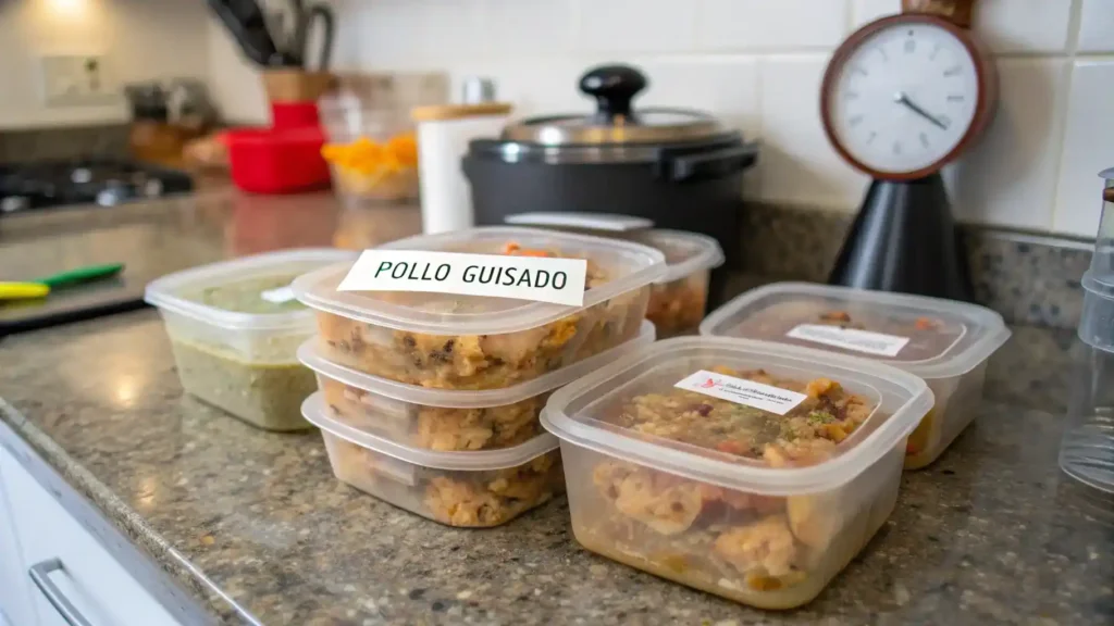 Storing leftover pollo guisado in airtight containers.