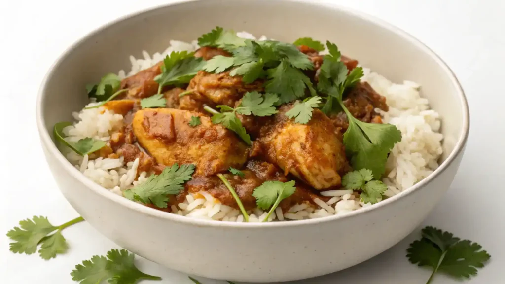 A bowl of pollo guisado served with rice and garnished with cilantro.