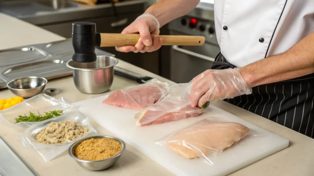 A chef pounding chicken breasts to make chicken paillard.