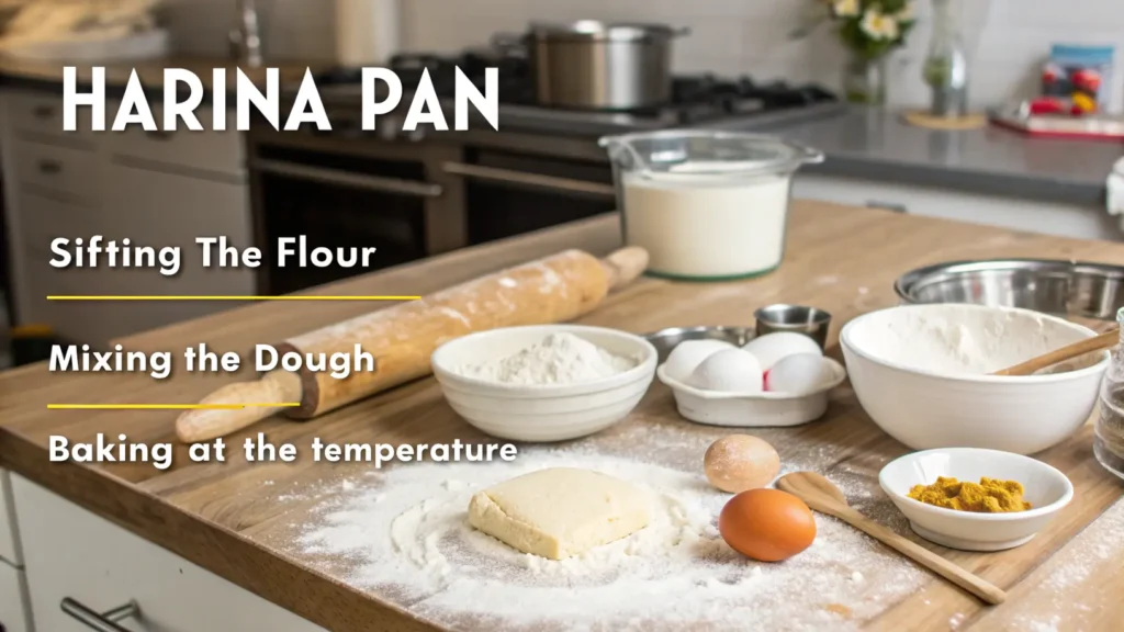 Pro tips for making harina pan displayed in a kitchen setting.