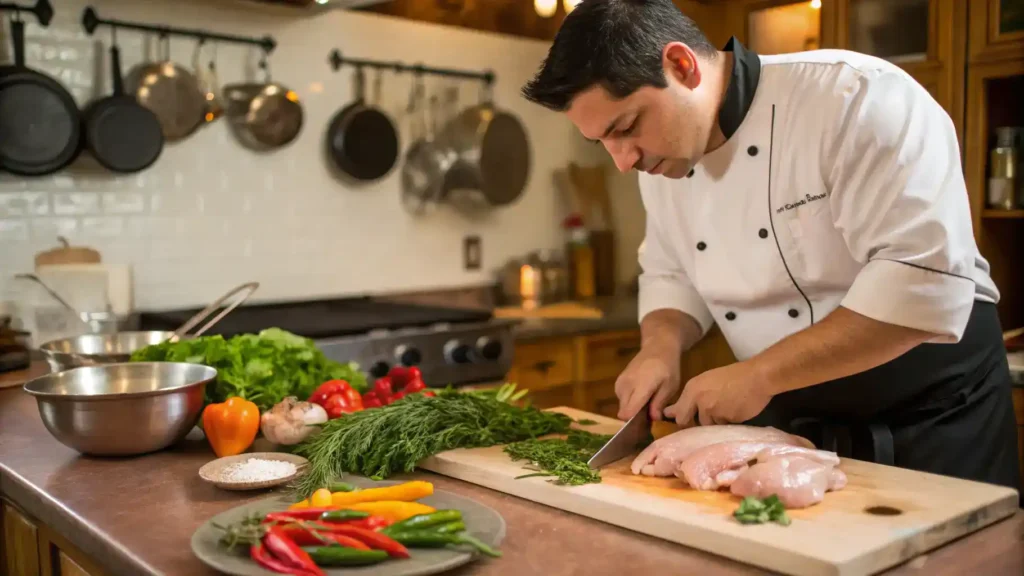 A chef preparing pollo guisado with fresh herbs and spices.