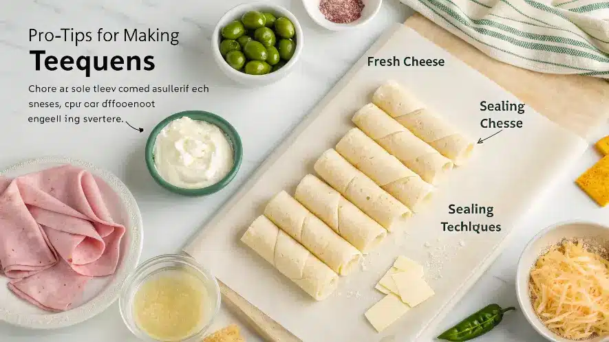 Pro tips for making perfect tequeños with visuals of cheese and sealing techniques.