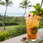 A beautifully garnished Mai Tai mocktail served in a chilled glass.