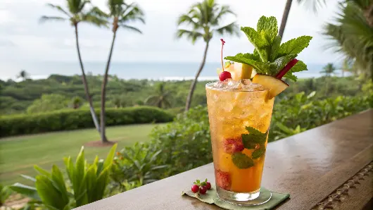 A beautifully garnished Mai Tai mocktail served in a chilled glass.